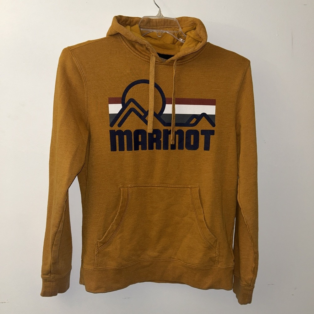 Marmot Hoodie Mens Small mustard Logo Pullover Sweatshirt